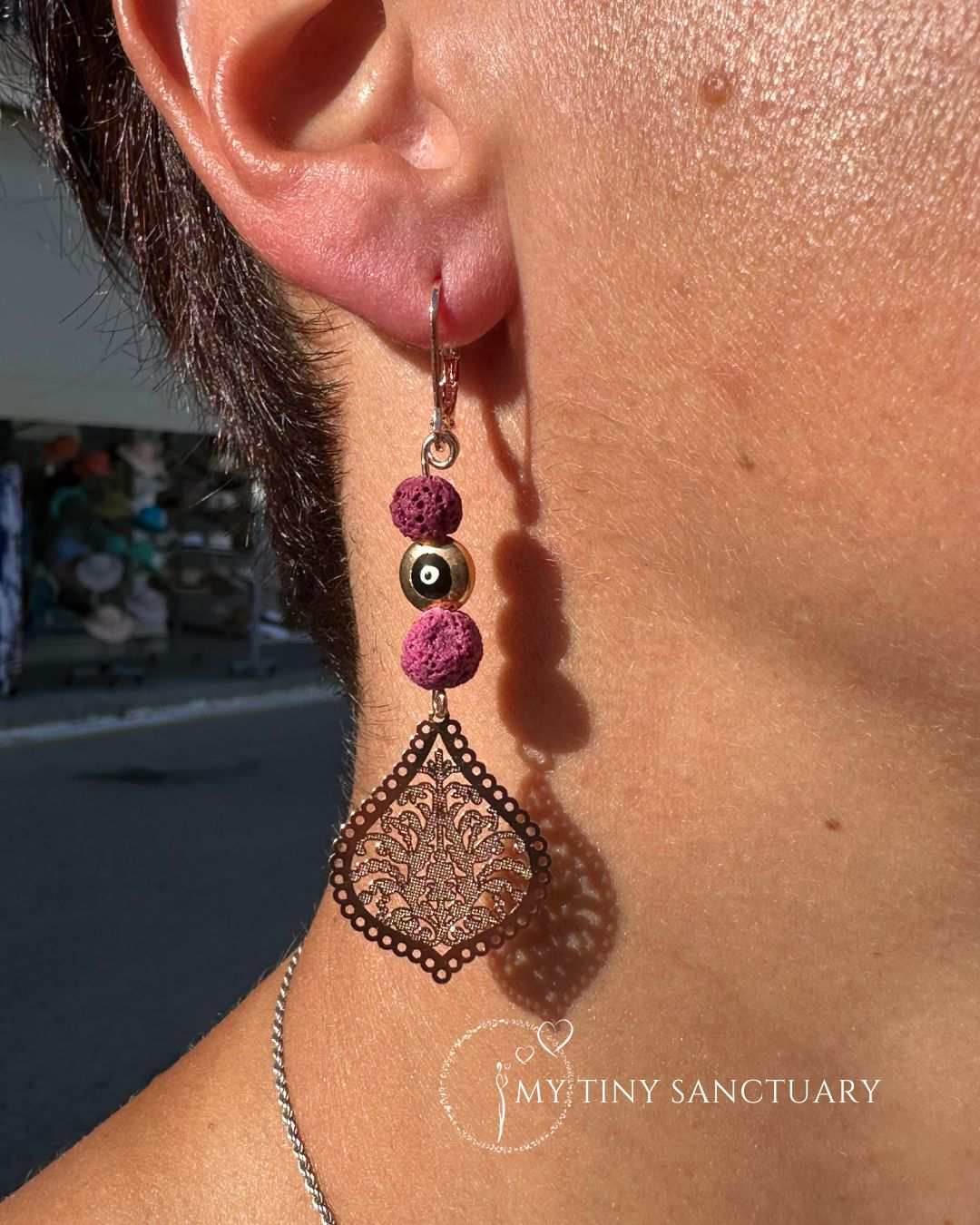 Mati Eye Earrings 🧿 with Pink Lava Stone on Rose Gold Filigree - My Tiny Sanctuary