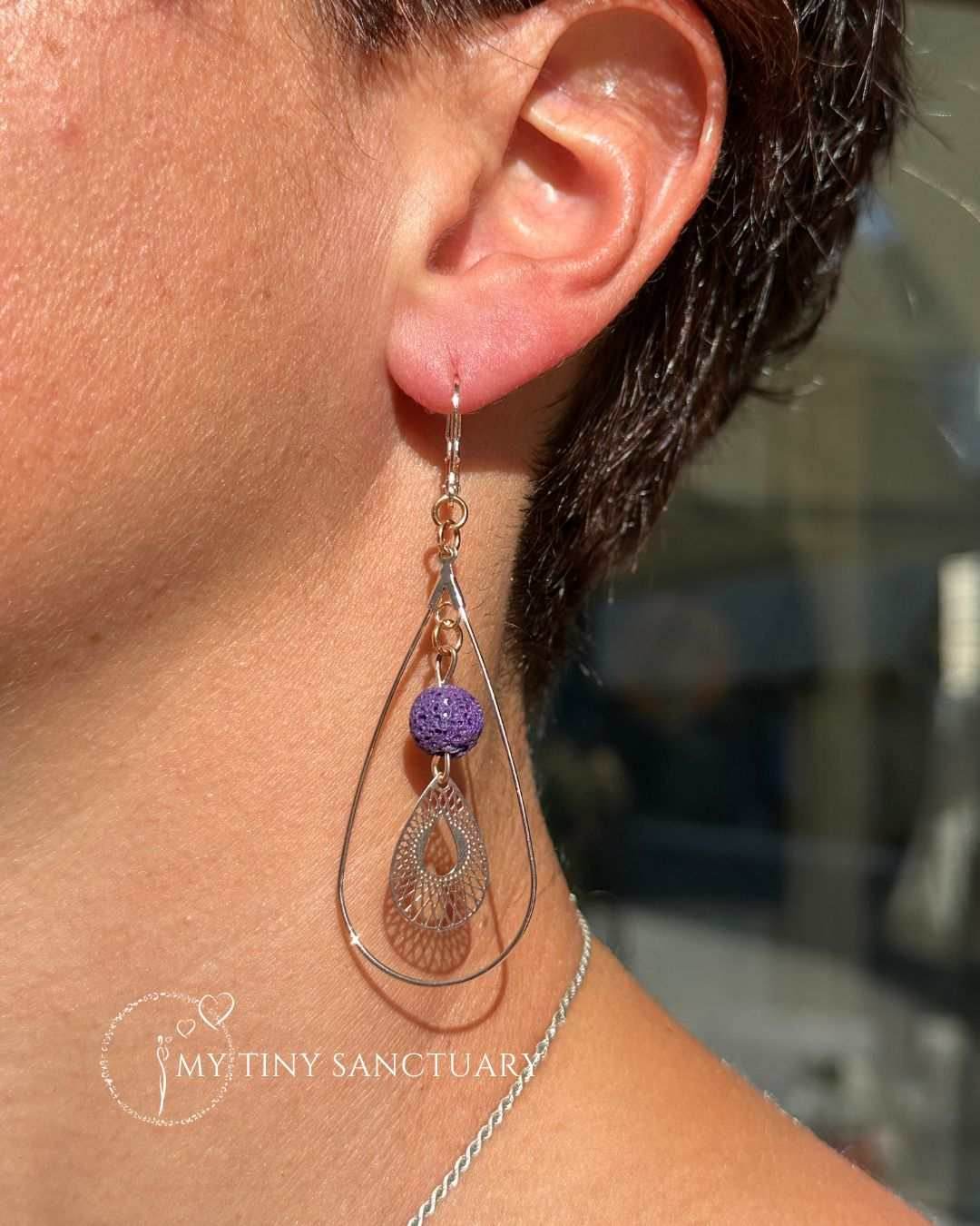 Rose Gold Drop Earrings with Purple Lava Stone Beads - My Tiny Sanctuary