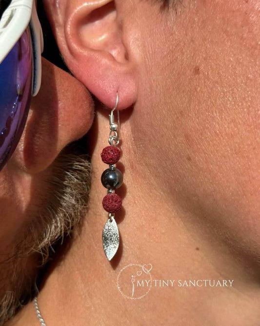 Hematite and Lava Stone Earrings & Silver Leaf Grounding - LIMITED EDITION - My Tiny Sanctuary