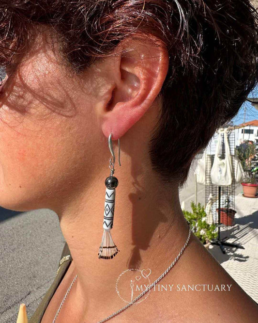 Tribal Feather Earrings with Hematite and Colombian Bead 🪶 LIMITED EDITION - My Tiny Sanctuary