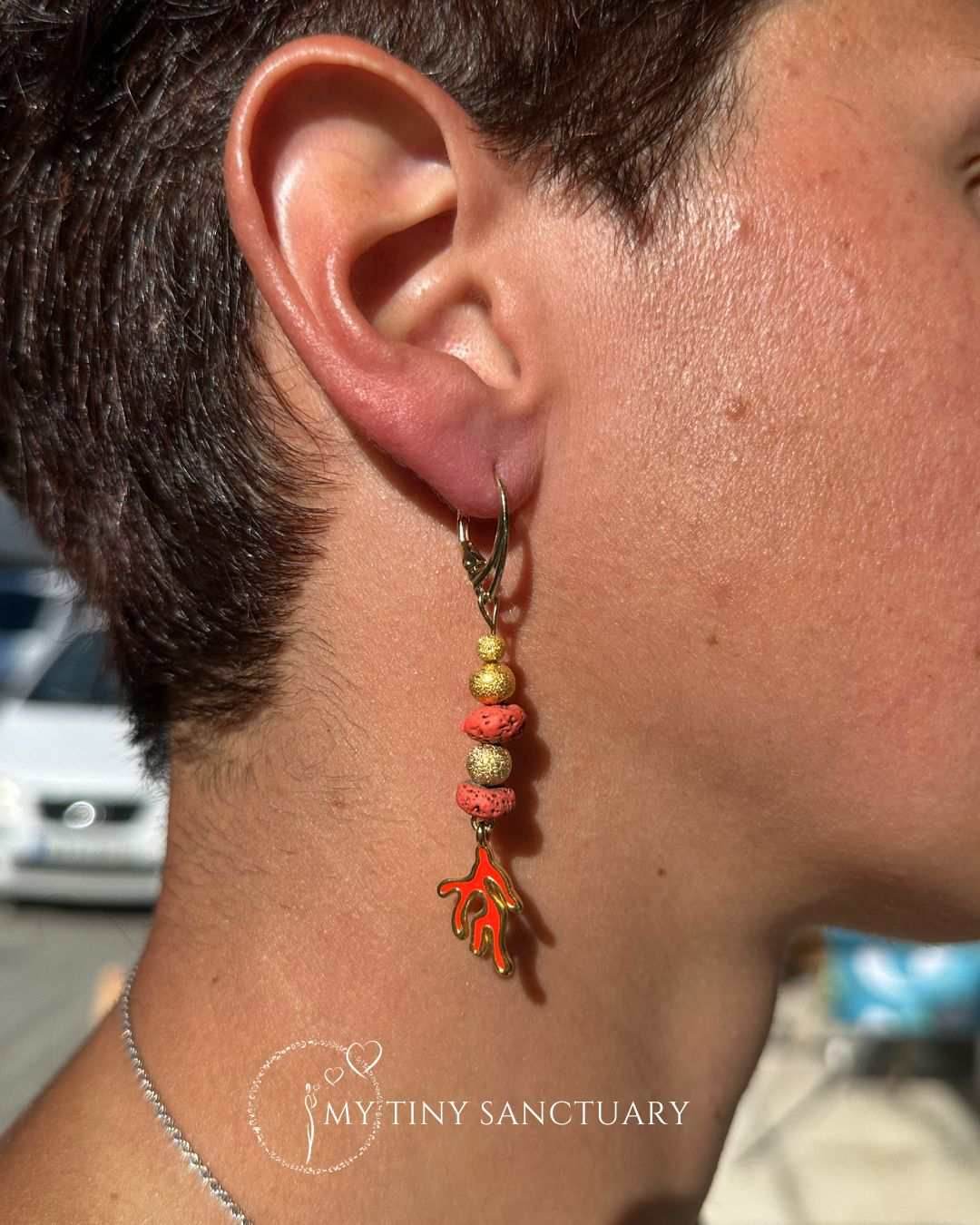 Orange Coral Branch Earrings and Lava Stone | Golden colour and Enamel - My Tiny Sanctuary