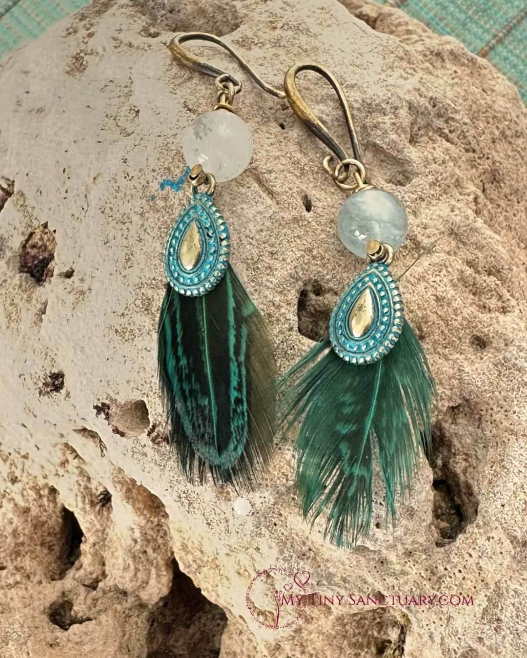 Ethnic Bronze Drop With Fluorite Bead and Green Pheasant Feather - My Tiny Sanctuary