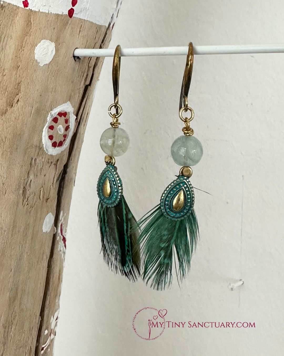 Ethnic Bronze Drop With Fluorite Bead and Green Pheasant Feather - My Tiny Sanctuary