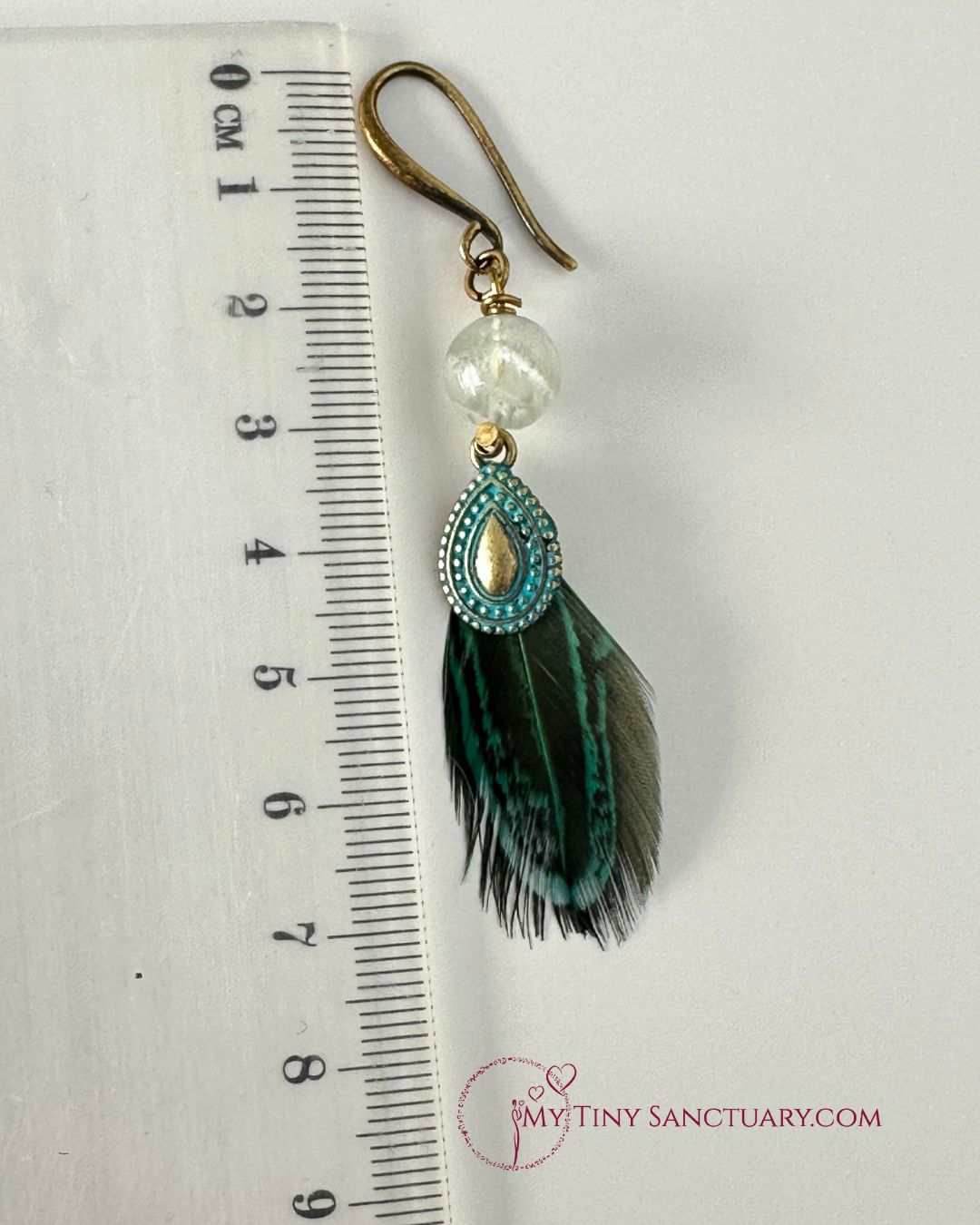 Ethnic Bronze Drop With Fluorite Bead and Green Pheasant Feather - My Tiny Sanctuary