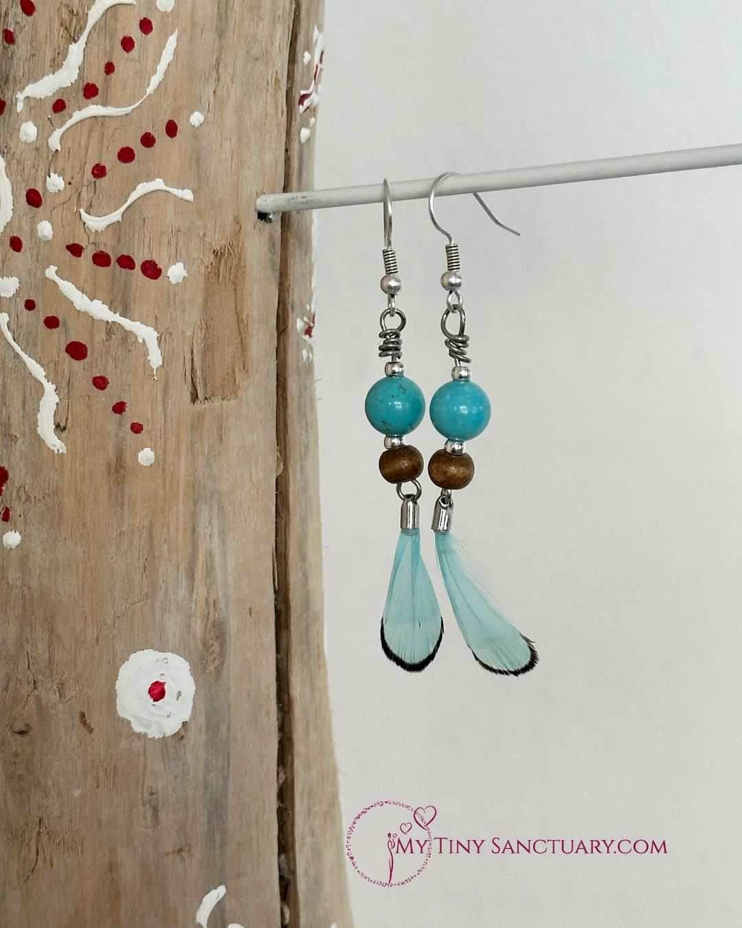 Turquoise Feather Earrings with Wood Beads and Howlite Stones - My Tiny Sanctuary