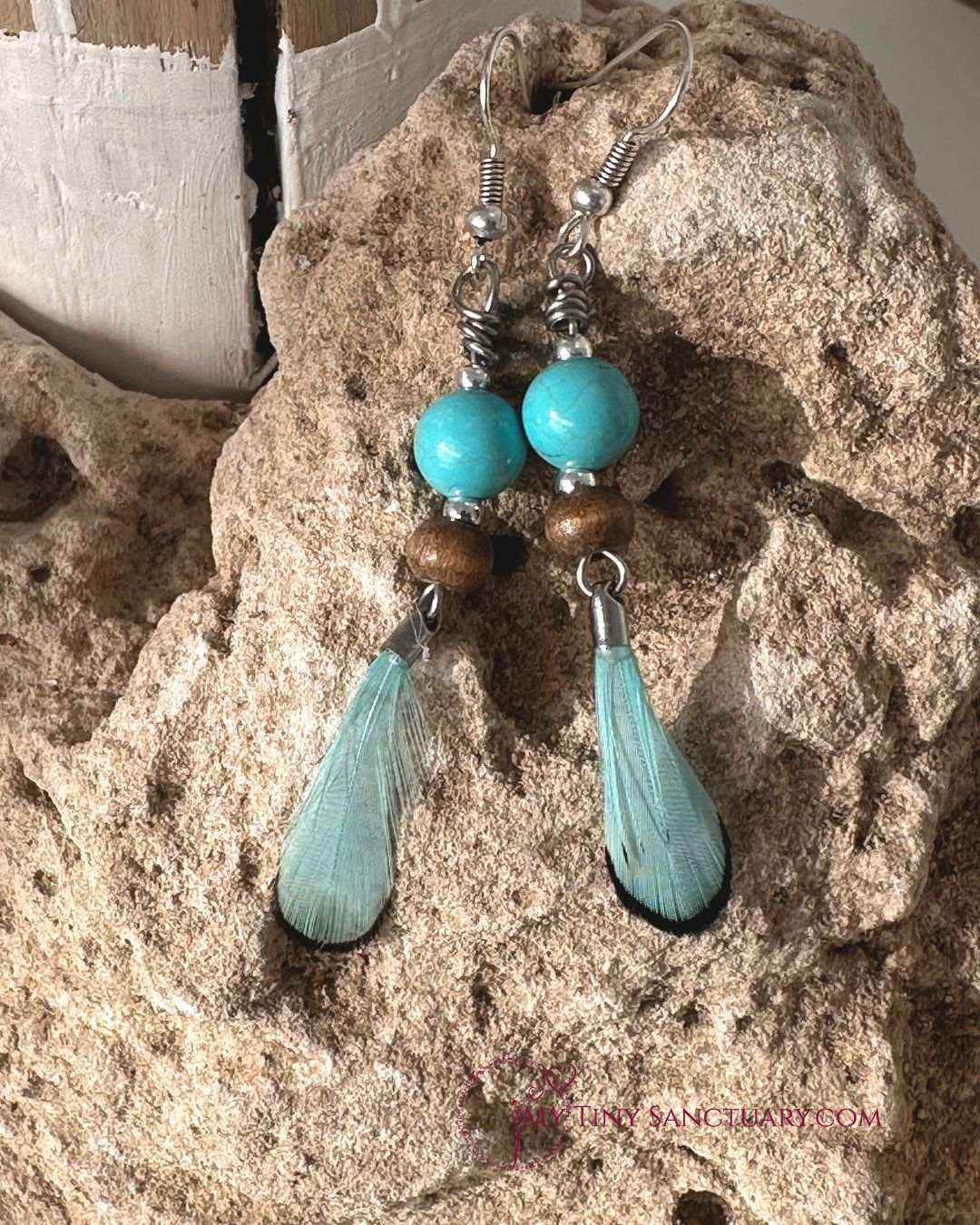Turquoise Feather Earrings with Wood Beads and Howlite Stones - My Tiny Sanctuary