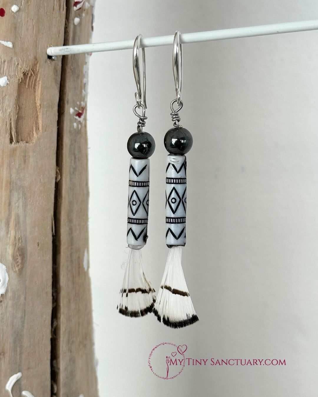 Tribal Feather Earrings with Hematite and Colombian Bead 🪶 LIMITED EDITION - My Tiny Sanctuary