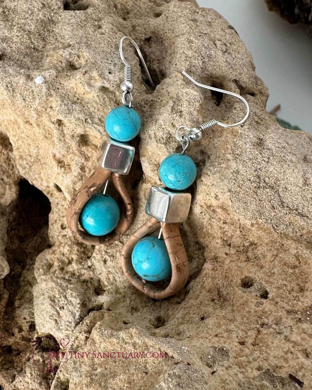 Vegan Earrings Turquoise Howlite With Cork Loop And Silver Plated Bead - My Tiny Sanctuary