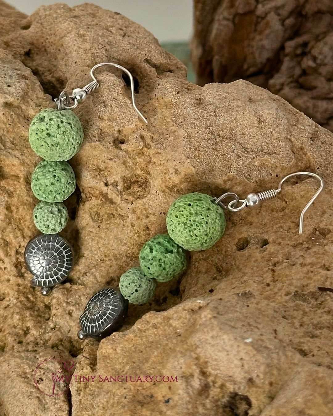 Mediterranean Earrings with Green Lava Stone and Silver Fossil - My Tiny Sanctuary
