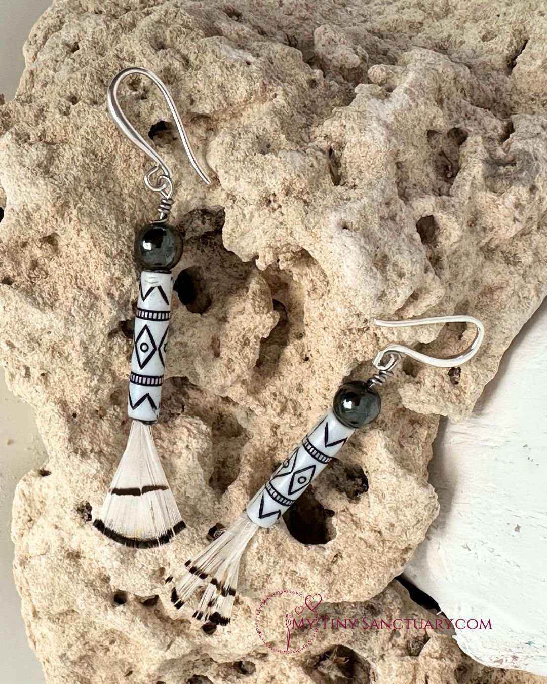 Tribal Feather Earrings with Hematite and Colombian Bead 🪶 LIMITED EDITION - My Tiny Sanctuary