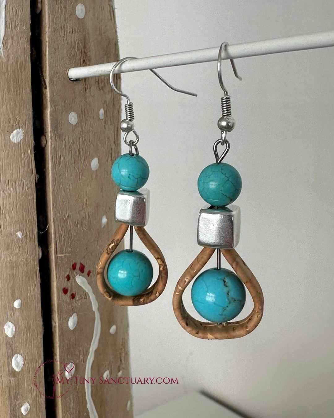 Vegan Earrings Turquoise Howlite With Cork Loop And Silver Plated Bead - My Tiny Sanctuary