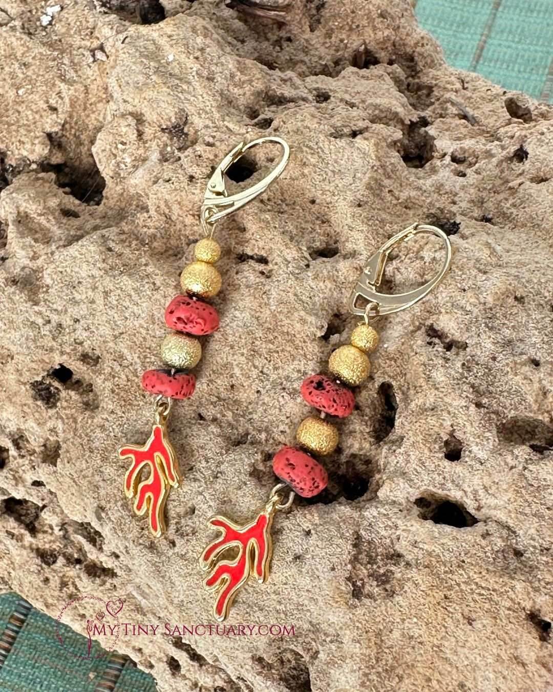 Orange Coral Branch Earrings and Lava Stone | Golden colour and Enamel - My Tiny Sanctuary