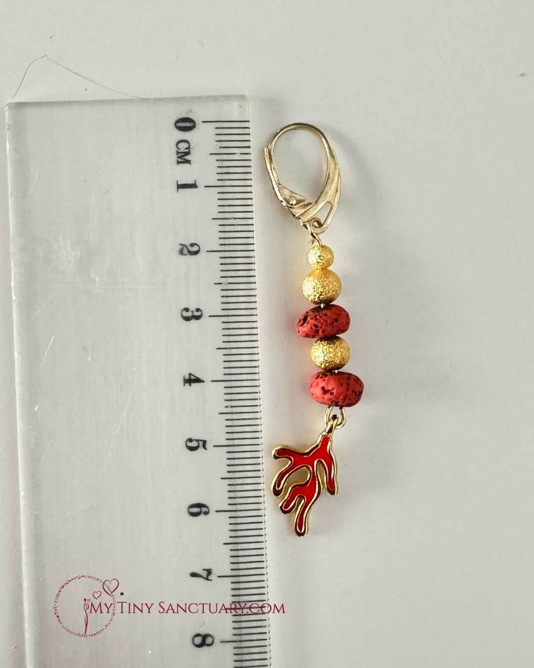 Orange Coral Branch Earrings and Lava Stone | Golden colour and Enamel - My Tiny Sanctuary