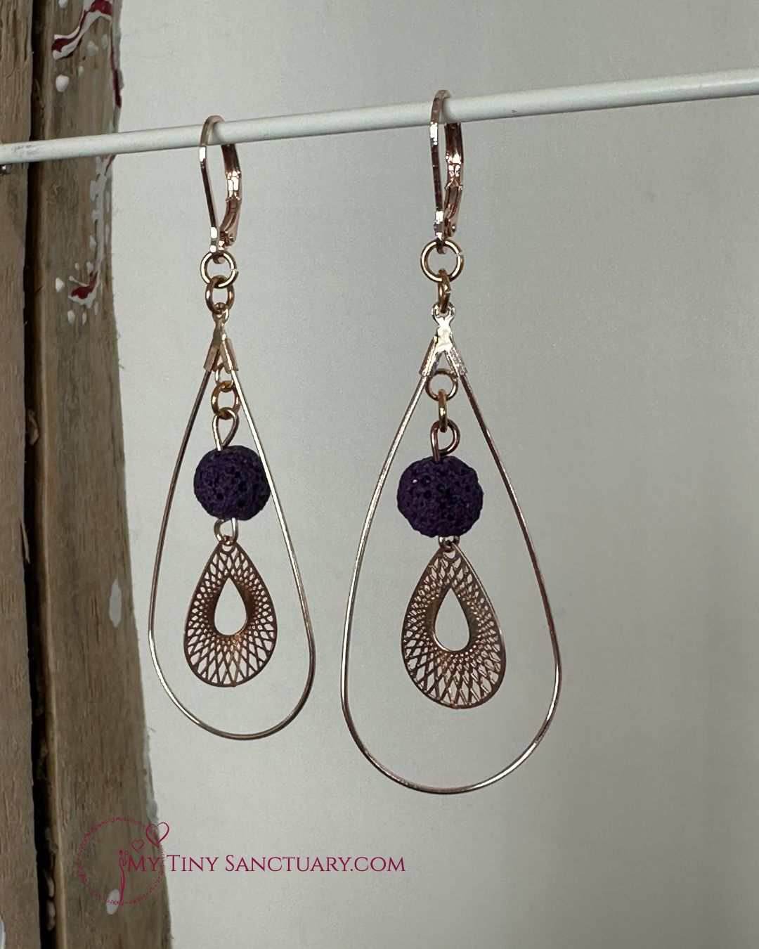 Rose Gold Drop Earrings with Purple Lava Stone Beads - My Tiny Sanctuary