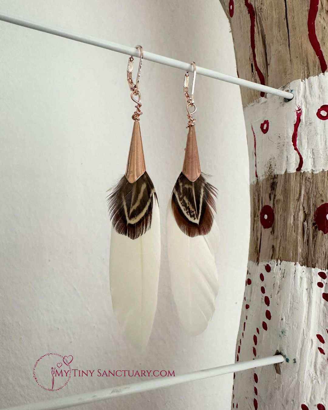 Cream and Brown Pheasant Feather Earrings accented with Rose Gold Ornaments - My Tiny Sanctuary