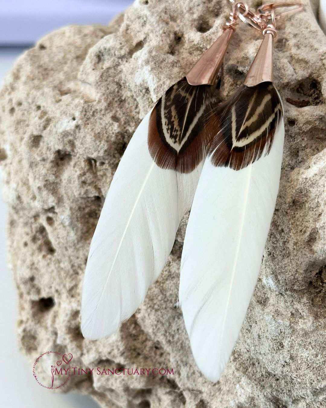 Cream and Brown Pheasant Feather Earrings accented with Rose Gold Ornaments - My Tiny Sanctuary