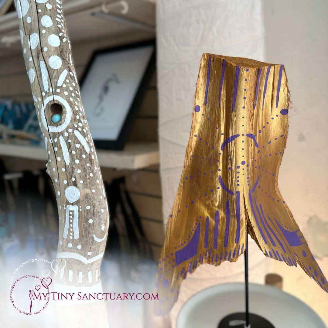 Golden Cosmic Mermaid - Painted Palm Tree Bark (fallen from the tree) - My Tiny Sanctuary