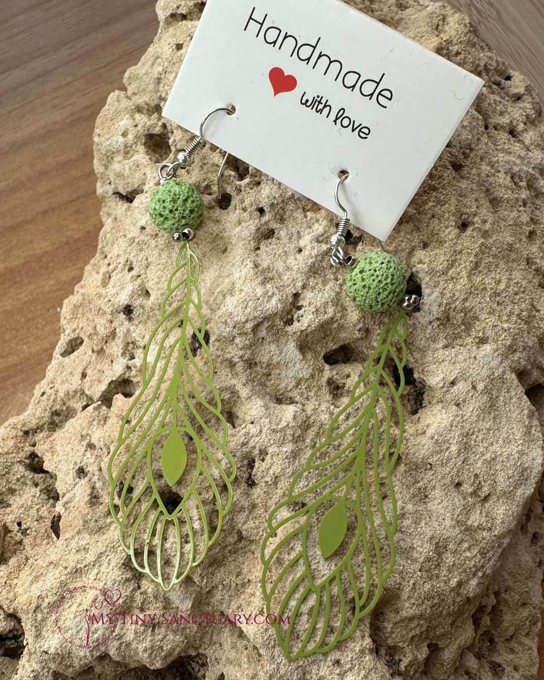 Green Leaf Earrings Sprouting from Lava Stone 🌿 | The Elementals - My Tiny Sanctuary
