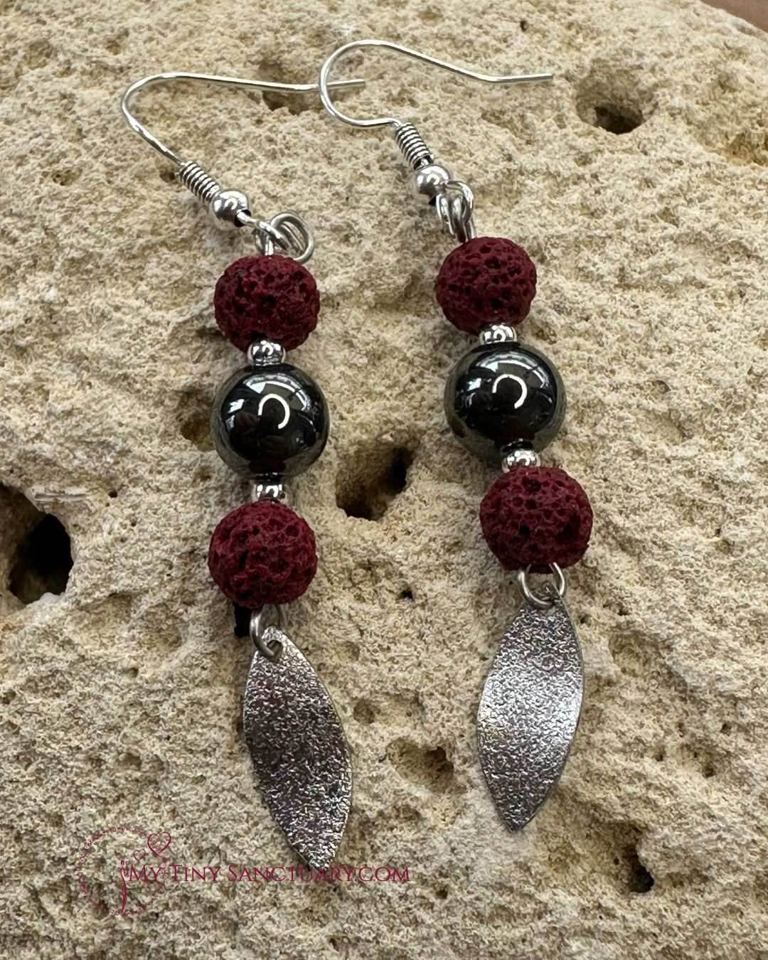 Hematite and Lava Stone Earrings & Silver Leaf Grounding - LIMITED EDITION - My Tiny Sanctuary
