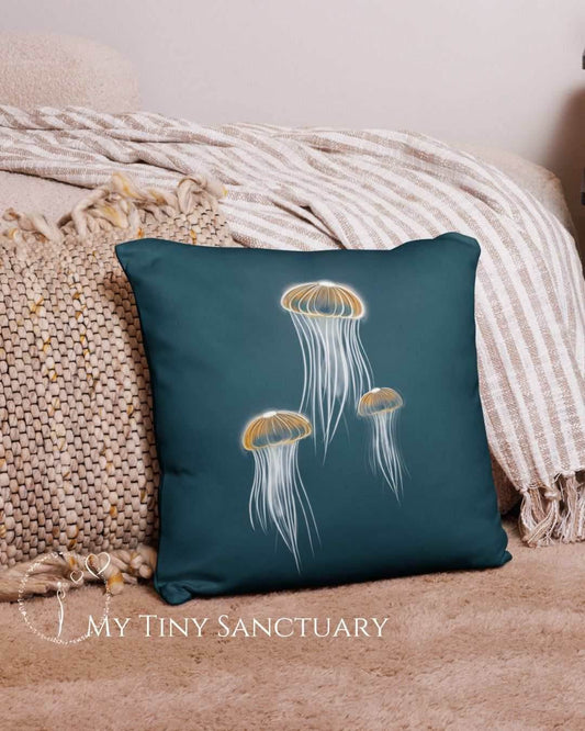 Jellyfish Dancing Throw Pillow | Ocean-Inspired Square Cushion | Marine Decor - My Tiny Sanctuary