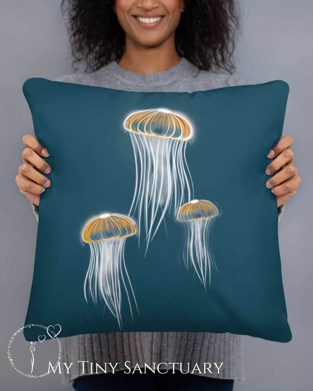 Jellyfish Dancing Throw Pillow | Ocean-Inspired Square Cushion | Marine Decor - My Tiny Sanctuary