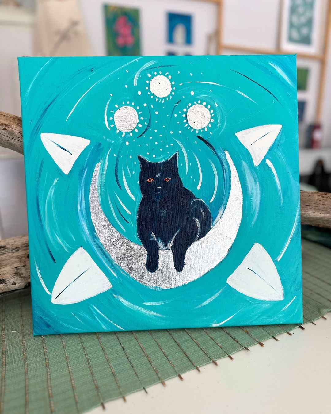 (K)Night Cat Travel to the Moon and Back | Acrylic Painting 39,5x39,5 cm - My Tiny Sanctuary