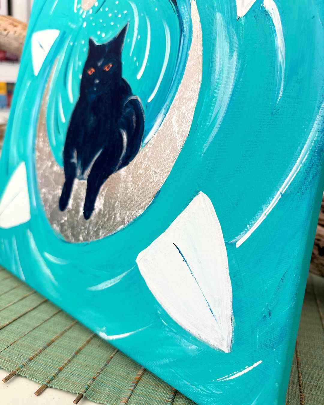 (K)Night Cat Travel to the Moon and Back | Acrylic Painting 39,5x39,5 cm - My Tiny Sanctuary