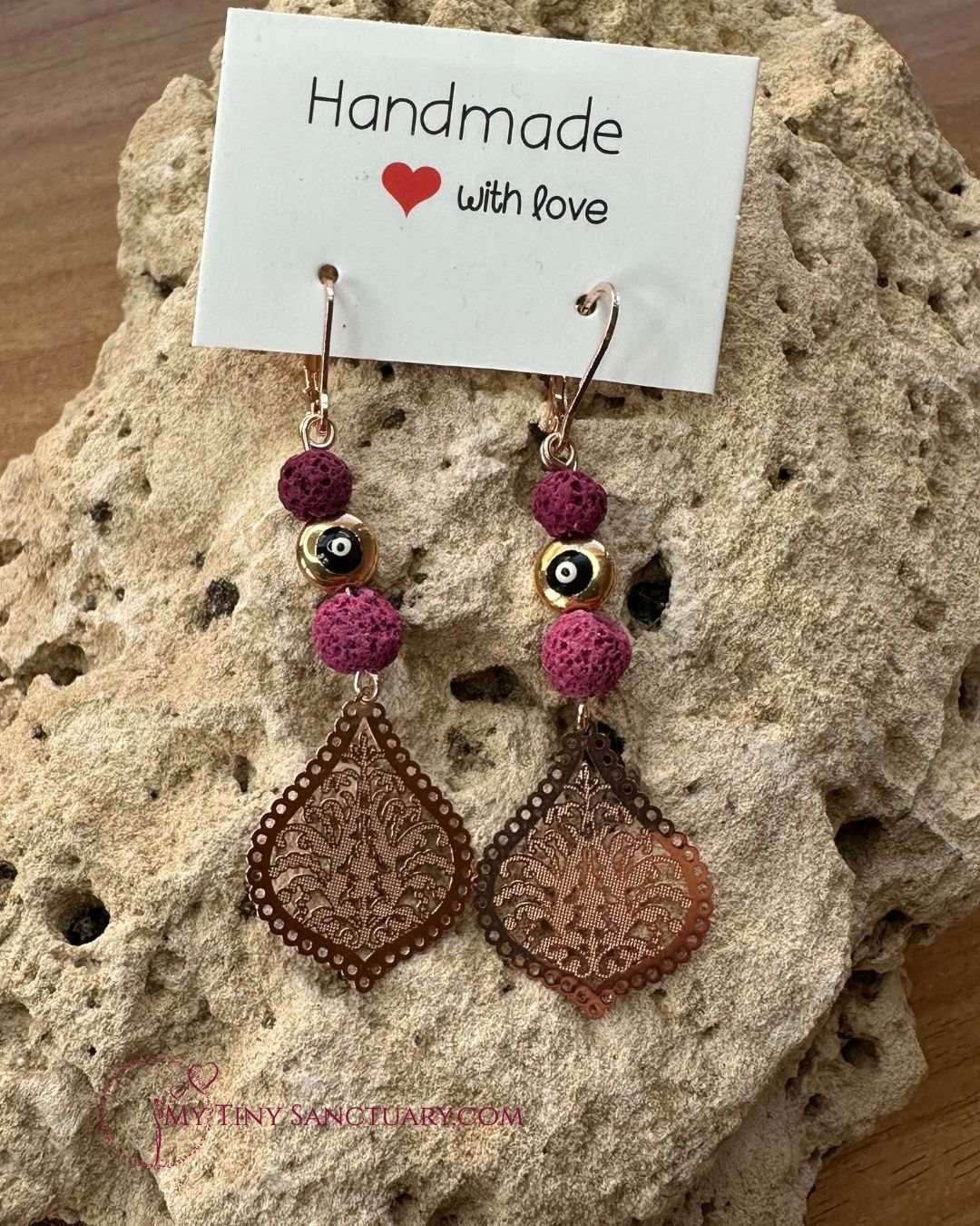 Mati Eye Earrings 🧿 with Pink Lava Stone on Rose Gold Filigree - My Tiny Sanctuary