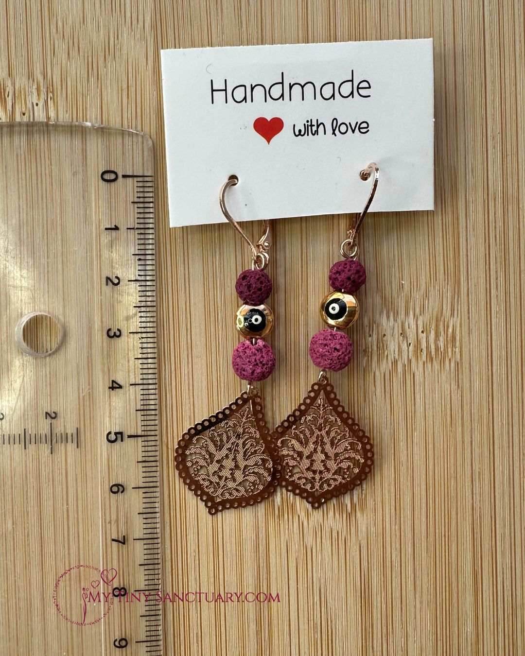 Mati Eye Earrings 🧿 with Pink Lava Stone on Rose Gold Filigree - My Tiny Sanctuary