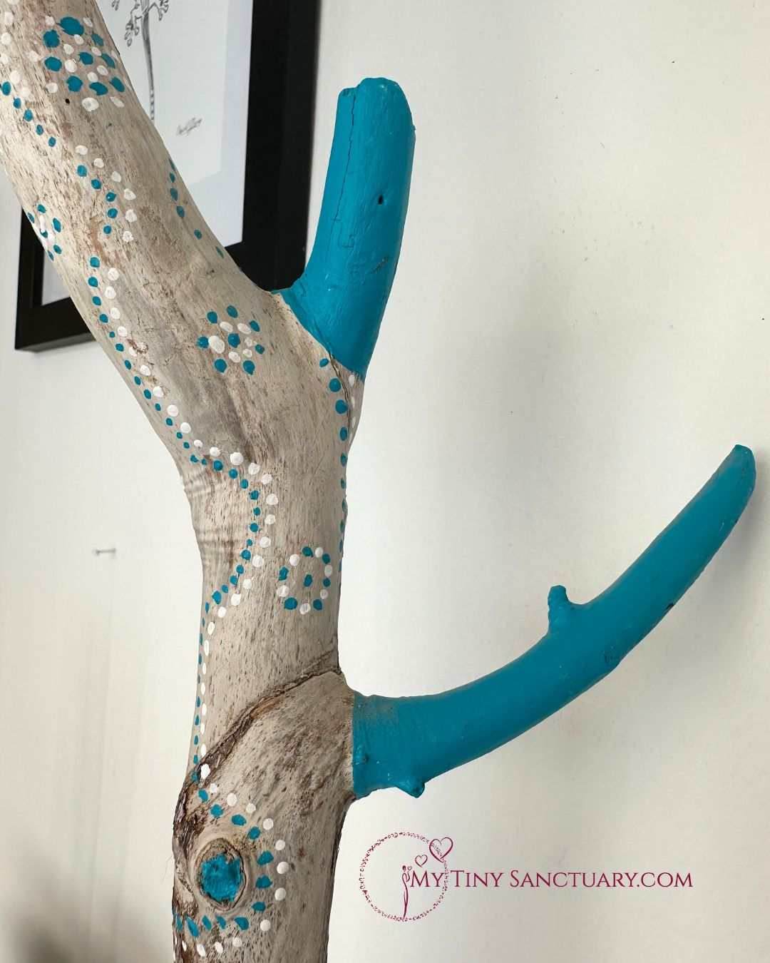 Driftwood Talking Stick Turquoise and White Water Drops Dance - My Tiny Sanctuary