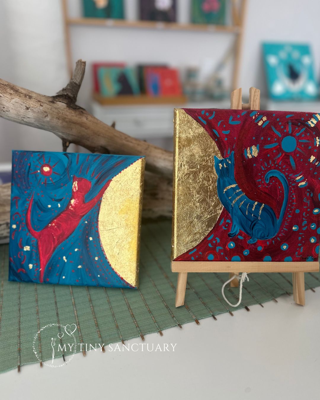 The Twin Golden Cats • Original Acrylic Painting • Twin Set Painting 20 x 20 cm