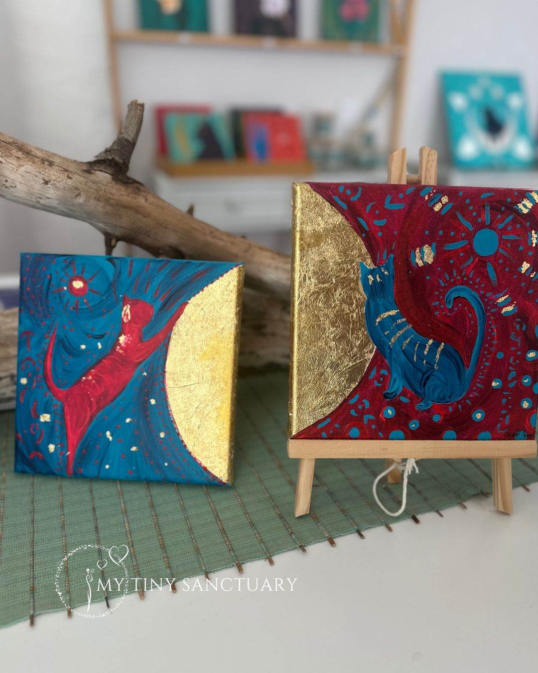 The Twin Golden Cats • Original Acrylic Painting • Twin Set Painting 20 x 20 cm - My Tiny Sanctuary