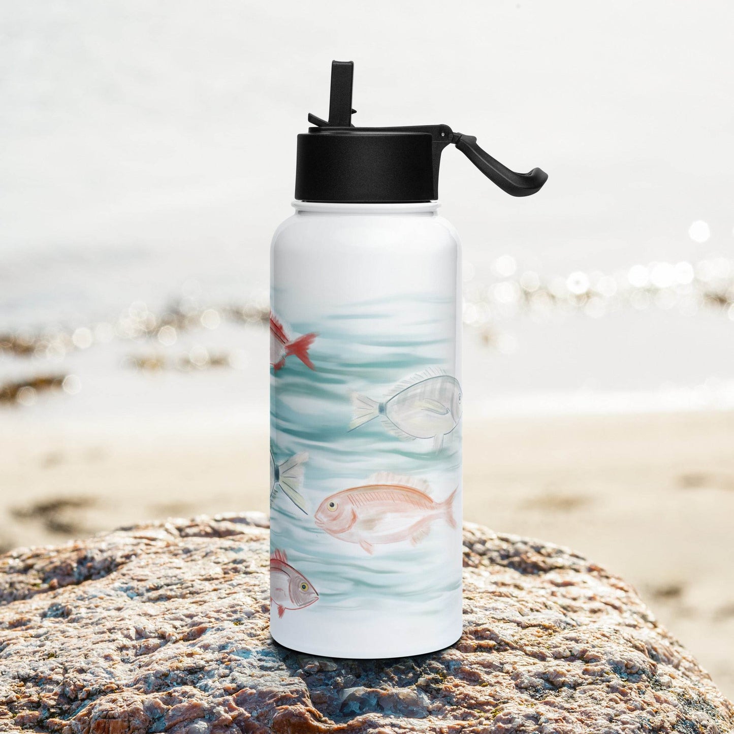 Aegean Sea Fishes Stainless steel water bottle with a straw lid - My Tiny Sanctuary