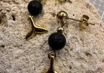 Dolphin Gold Tale with Black Lava Stone • Grounding & Playfulness