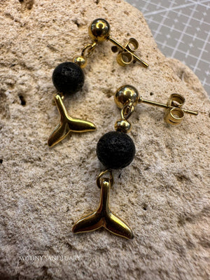 Dolphin Gold Tale with Black Lava Stone • Grounding & Playfulness