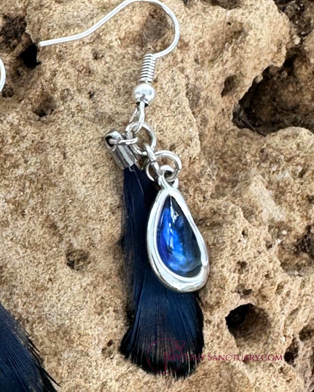 Earrings Ocean Drop With Marine Blue Pheasant Feather