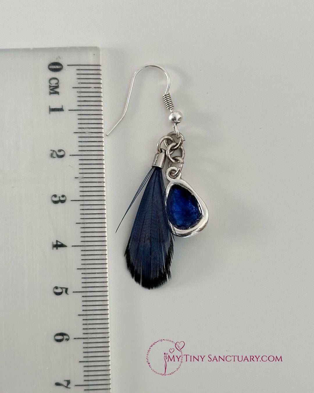 Earrings Ocean Drop With Marine Blue Pheasant Feather