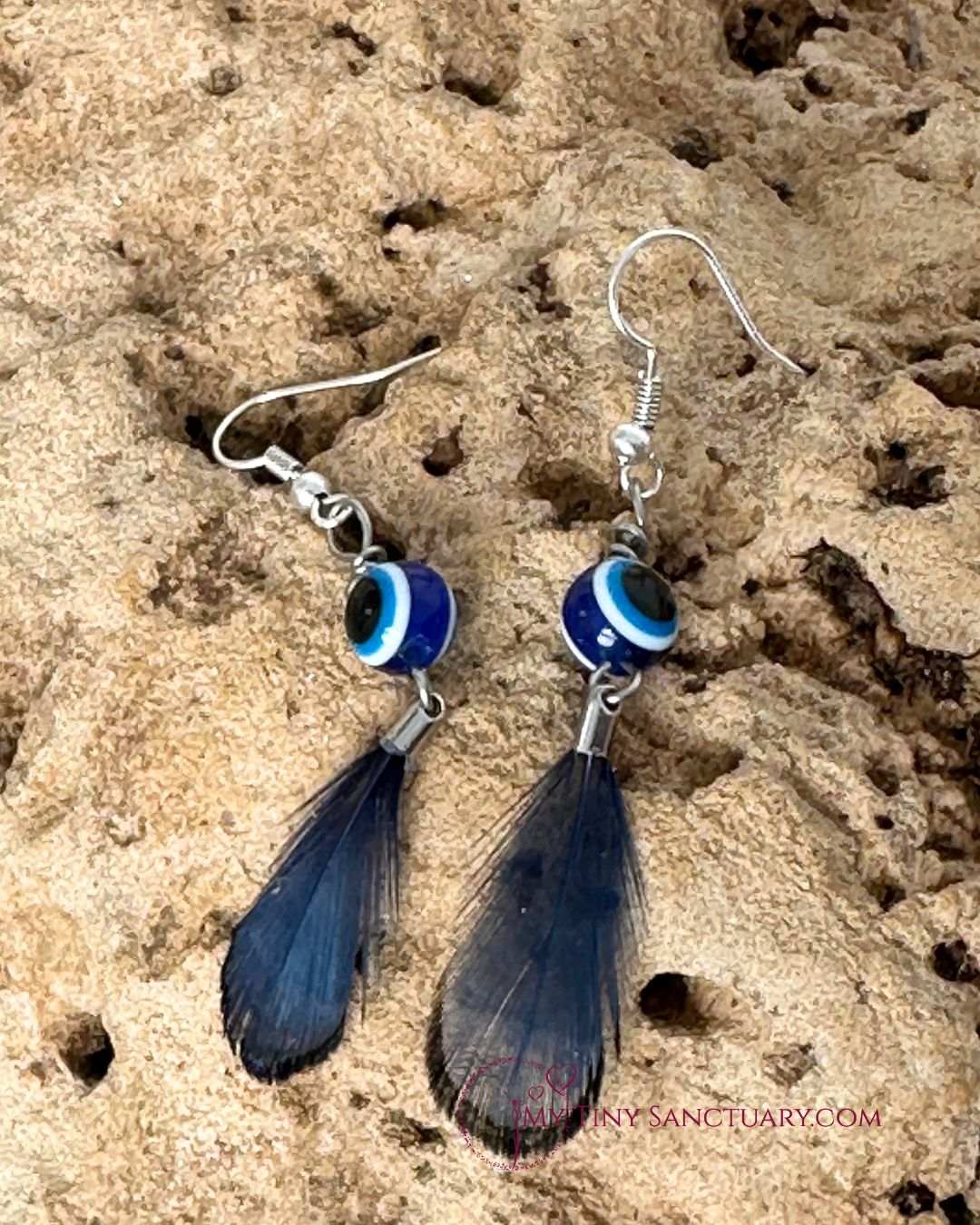 Earrings Greek Eye With Marine Blue Pheasant Feather (Mati Eye)