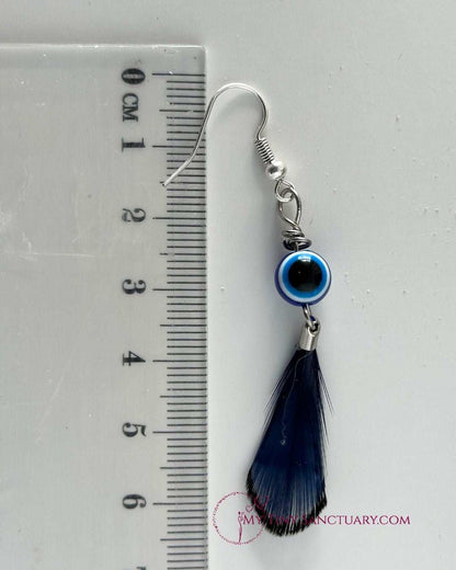 Earrings Greek Eye With Marine Blue Pheasant Feather (Mati Eye)