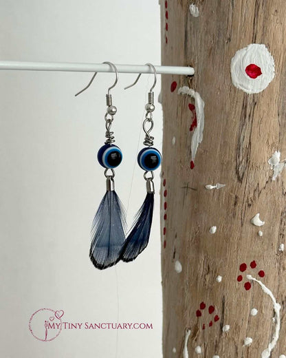 Earrings Greek Eye With Marine Blue Pheasant Feather (Mati Eye)