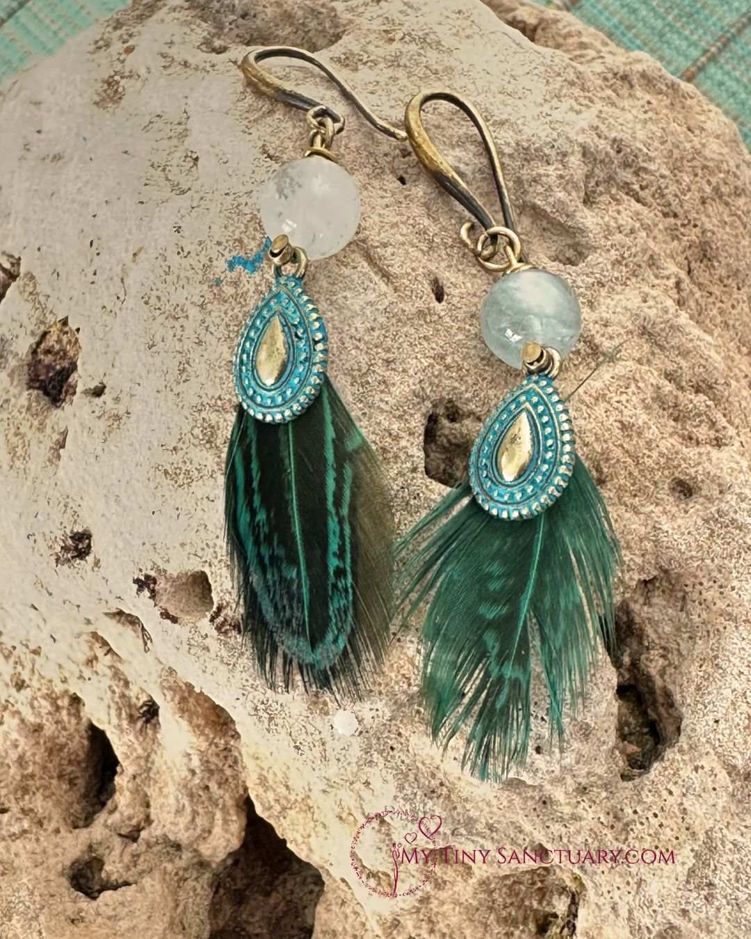 Ethnic Bronze Drop With Fluorite Bead and Green Pheasant Feather