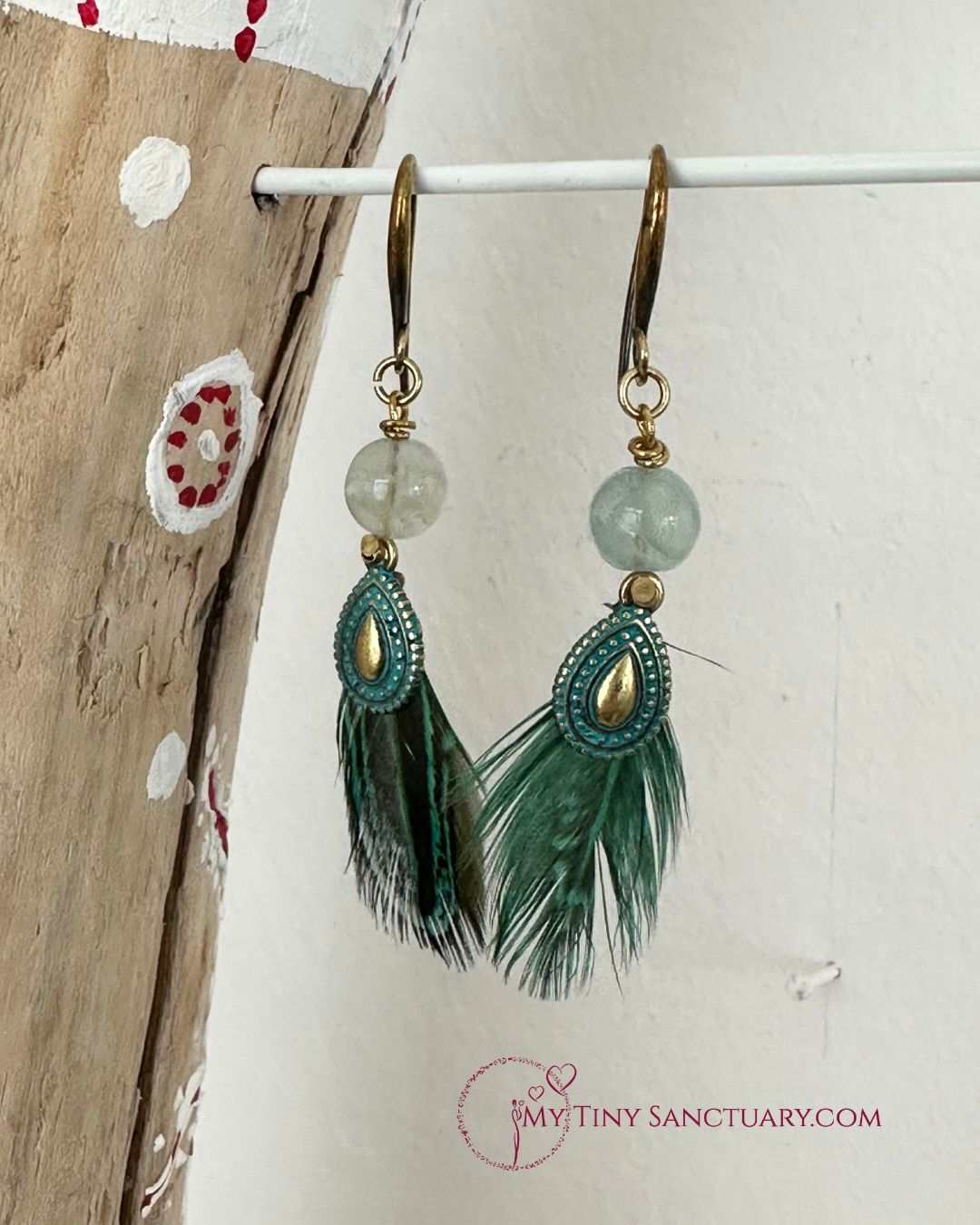 Ethnic Bronze Drop With Fluorite Bead and Green Pheasant Feather