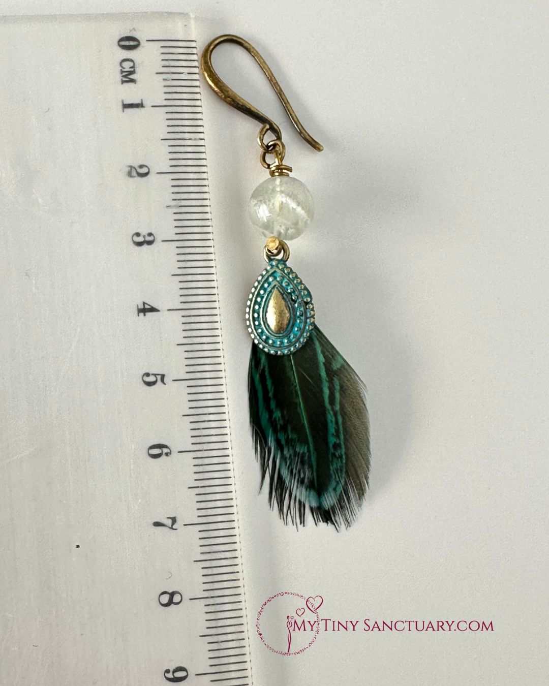 Ethnic Bronze Drop With Fluorite Bead and Green Pheasant Feather