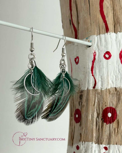 Green Moon Earrings with Pheasant Feathers and stainless steel moon