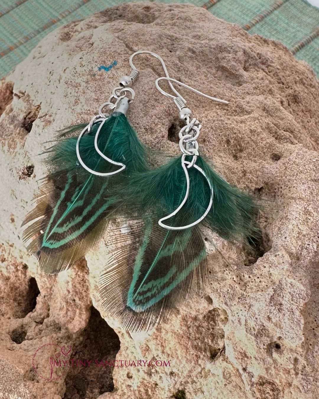 Green Moon Earrings with Pheasant Feathers and stainless steel moon