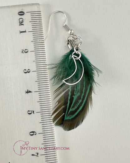 Green Moon Earrings with Pheasant Feathers and stainless steel moon