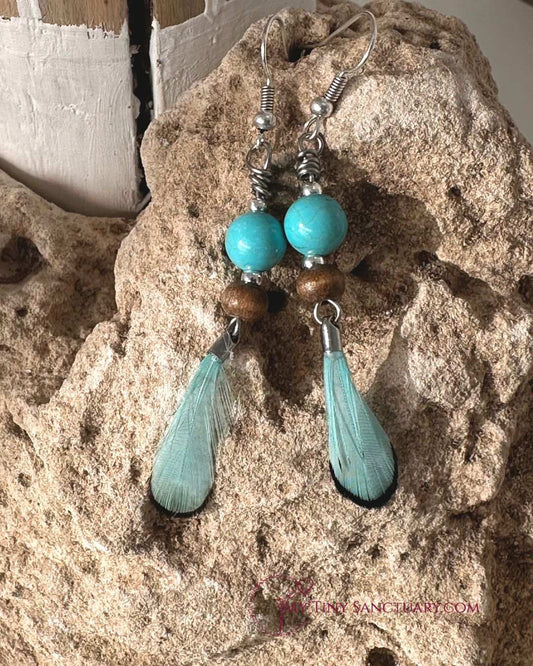 Turquoise Feather Earrings with Wood Beads and Howlite Stones