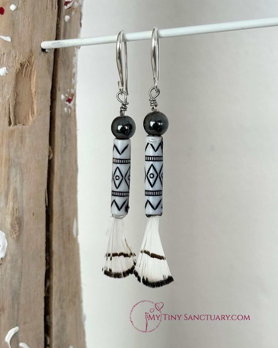 Tribal Feather Earrings with Hematite and Colombian Bead