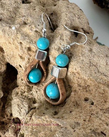 Turquoise Howlite With Cork Loop And Silver Plated Bead Vegan Earrings