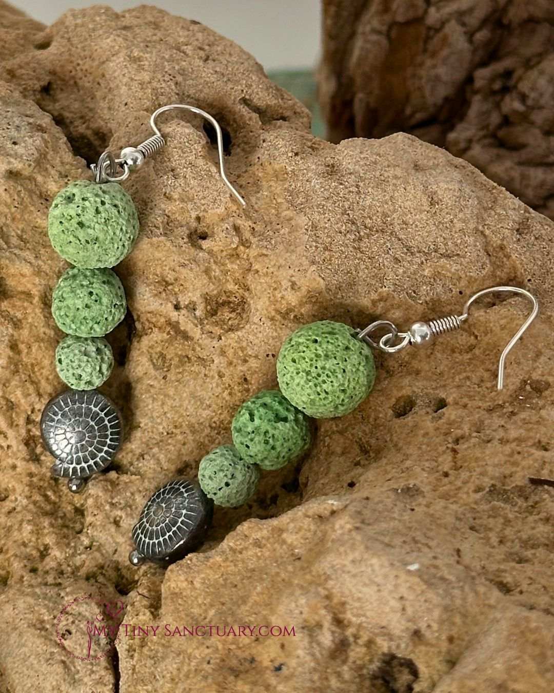 Mediterranean Earrings With Green Lava Stone And Silver Snail Fossile